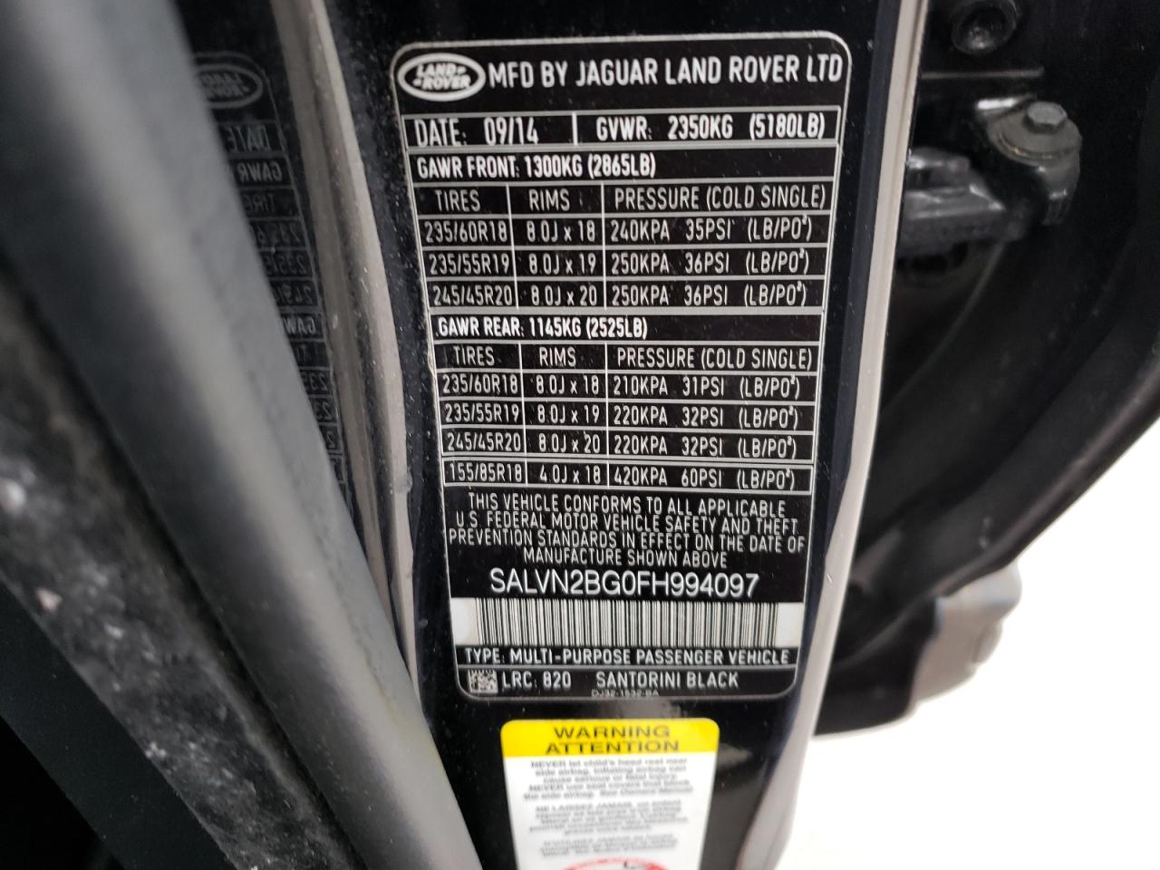 Photo 10 from auction – 2015 LAND ROVER RANGE ROVE with VIN SALVN2BG0FH994097