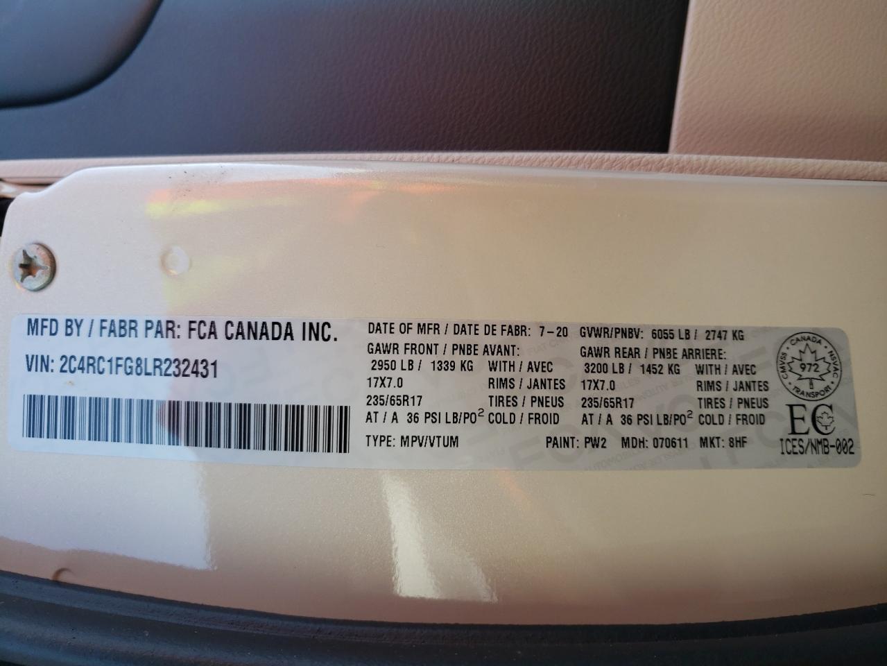 Photo 10 from auction – 2020 CHRYSLER PACIFICA T with VIN 2C4RC1FG8LR232431