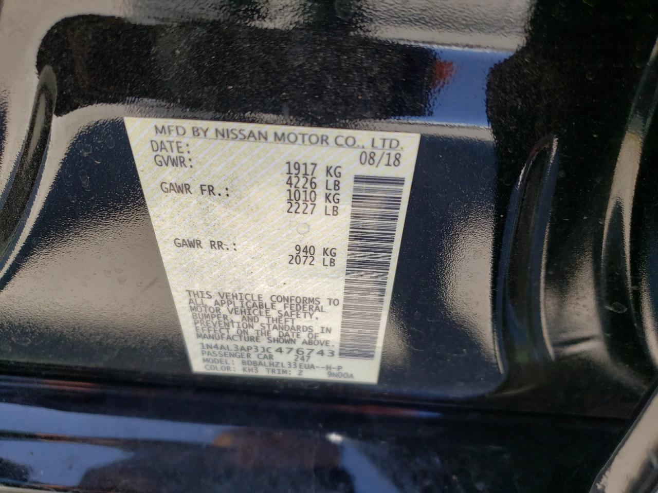 Photo 10 from auction – 2018 NISSAN ALTIMA 2.5 with VIN 1N4AL3AP3JC476743