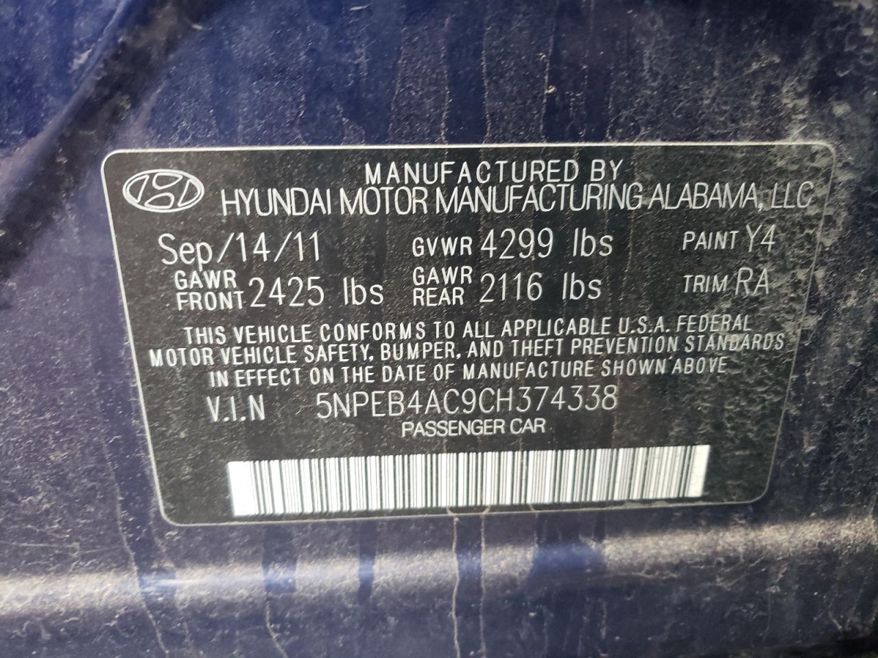 Photo 10 from auction – 2012 HYUNDAI SONATA GLS with VIN 5NPEB4AC9CH374338