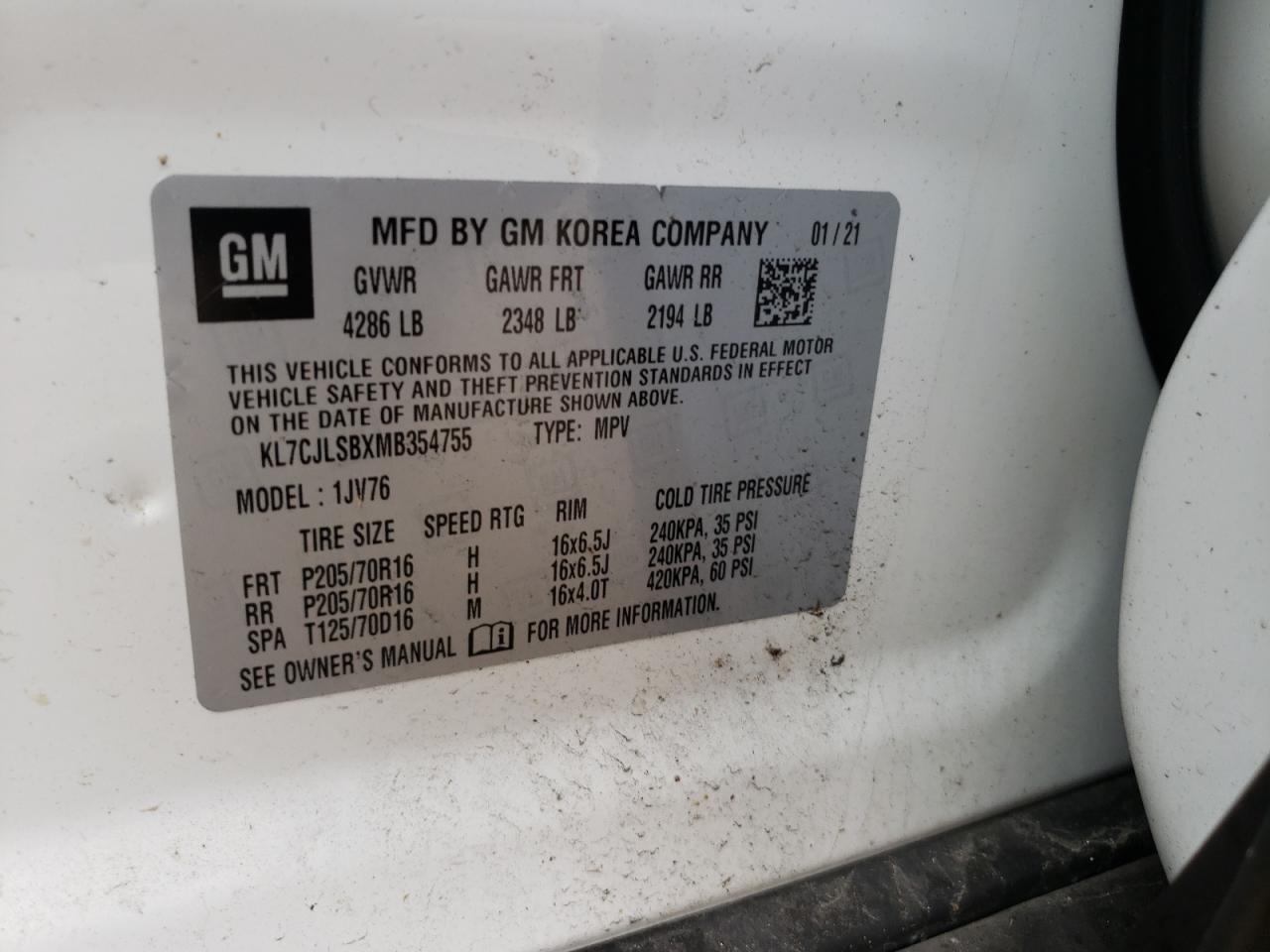 Photo 10 from auction – 2021 CHEVROLET TRAX 1LT with VIN KL7CJLSBXMB354755