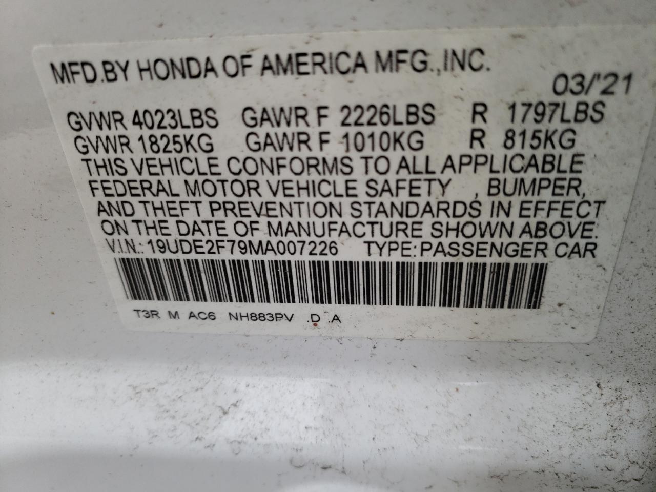 Photo 10 from auction – 2021 ACURA ILX PREMIU with VIN 19UDE2F79MA007226