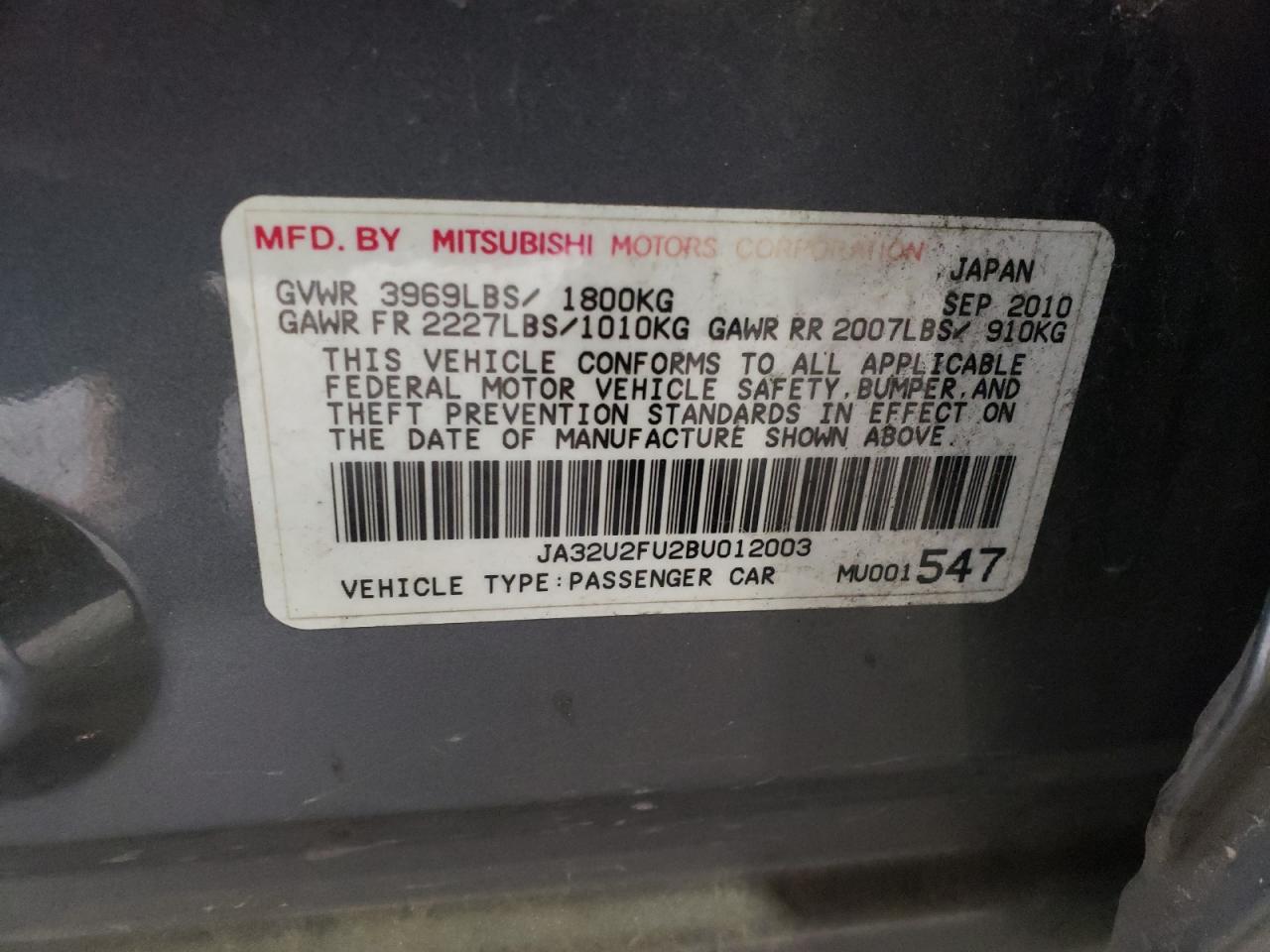 Photo 10 from auction – 2011 MITSUBISHI LANCER with VIN JA32U2FU2BU012003
