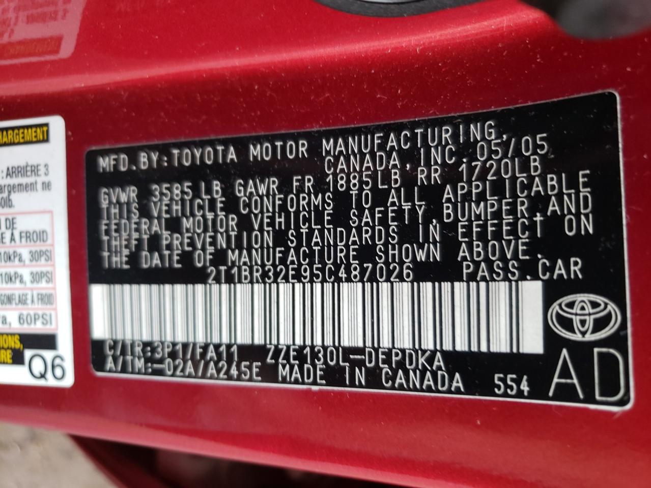 Photo 10 from auction – 2005 TOYOTA COROLLA CE with VIN 2T1BR32E95C487026