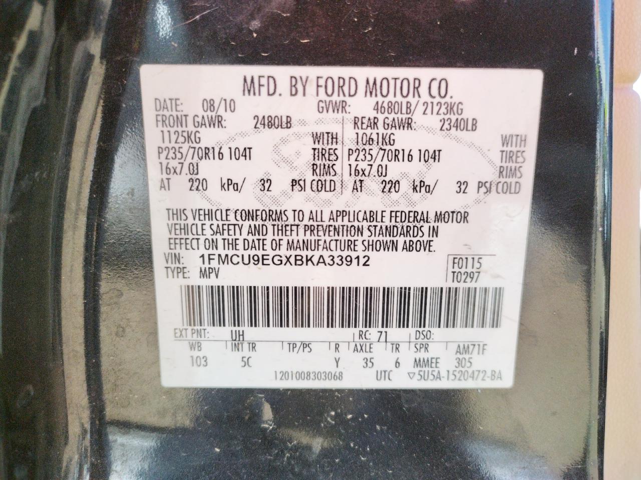 Photo 10 from auction – 2011 FORD ESCAPE LIM with VIN 1FMCU9EGXBKA33912