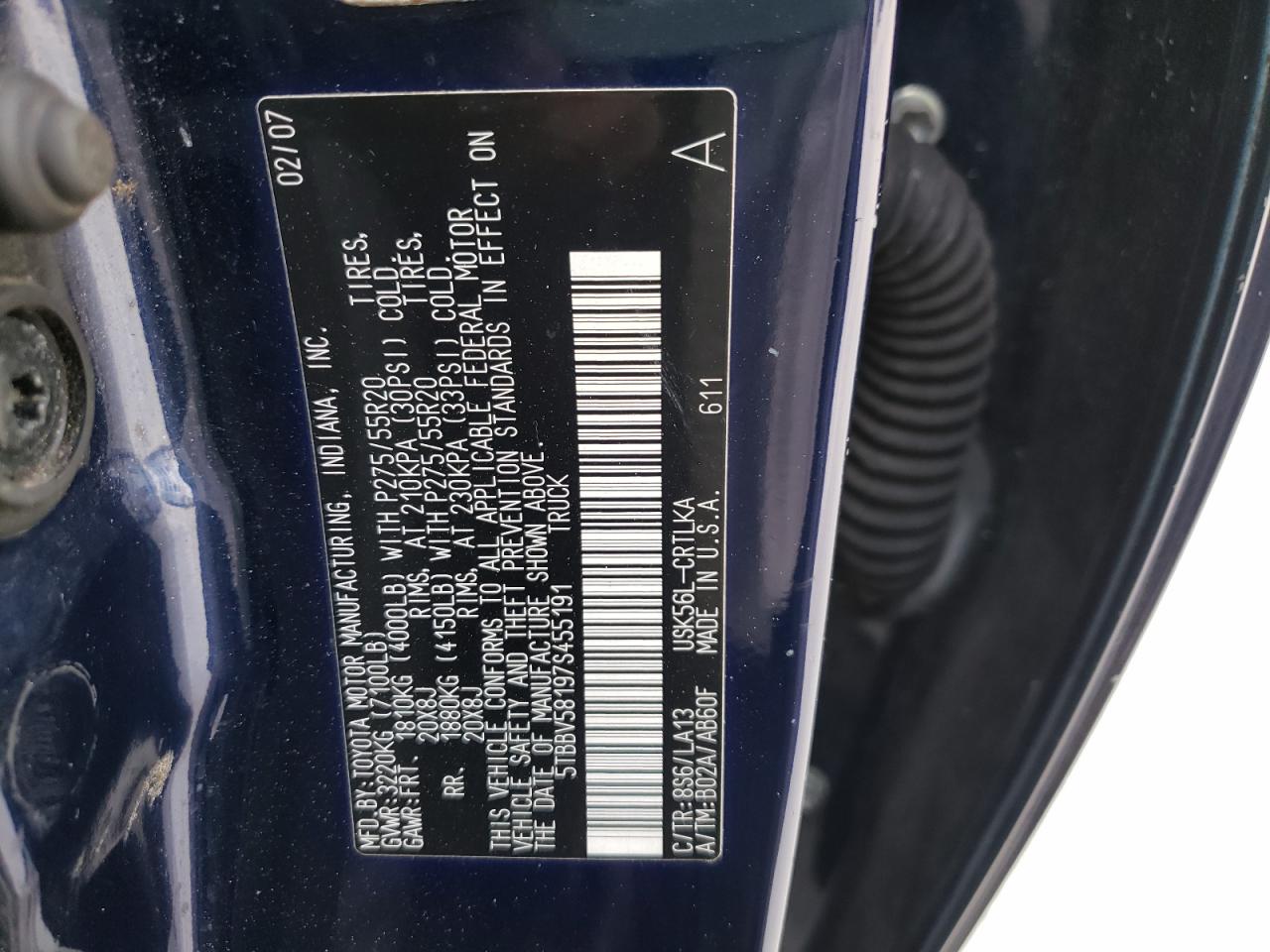 Photo 10 from auction – 2007 TOYOTA TUNDRA DOU with VIN 5TBBV58197S455191