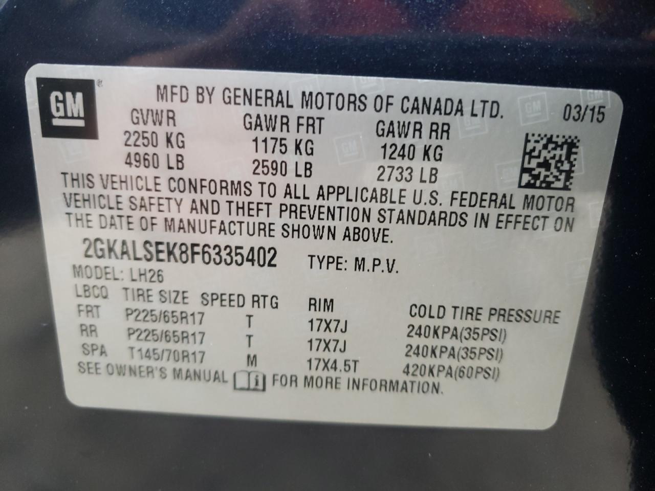 Photo 10 from auction – 2015 GMC TERRAIN SL with VIN 2GKALSEK8F6335402