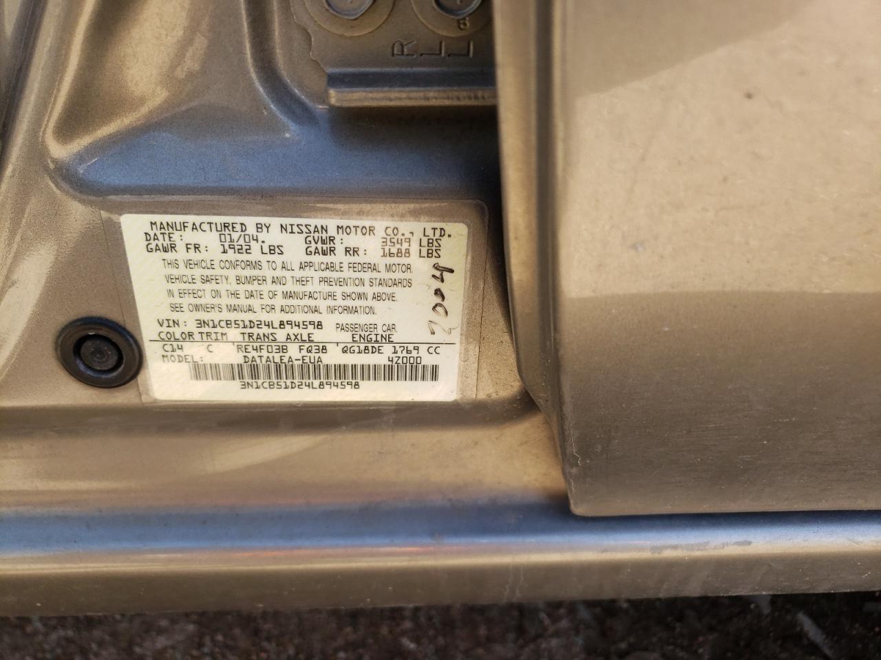 Photo 10 from auction – 2004 NISSAN SENTRA 1.8 with VIN 3N1CB51D24L894598