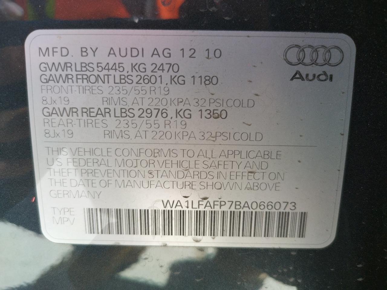 Photo 10 from auction – 2011 AUDI Q5 PREMIUM with VIN WA1LFAFP7BA066073