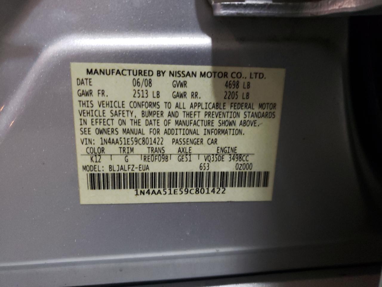 Photo 10 from auction – 2009 NISSAN MAXIMA S with VIN 1N4AA51E59C801422