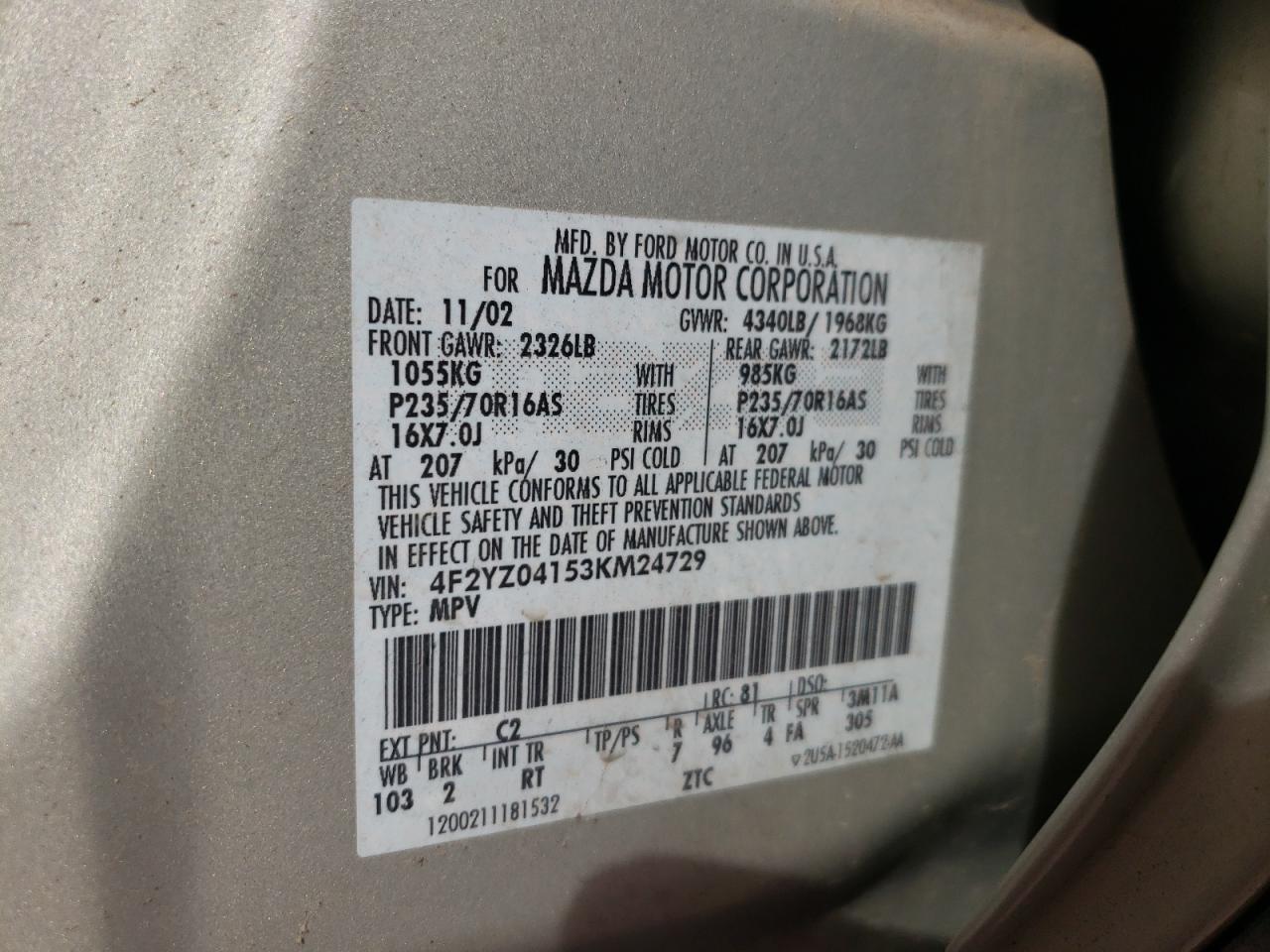 Photo 10 from auction – 2003 MAZDA TRIBUTE LX with VIN 4F2YZ04153KM24729