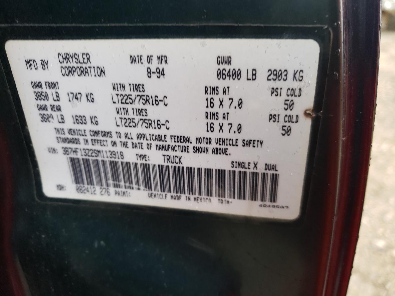 Photo 10 from auction – 1995 DODGE RAM 1500 with VIN 3B7HF13Z2SM113918