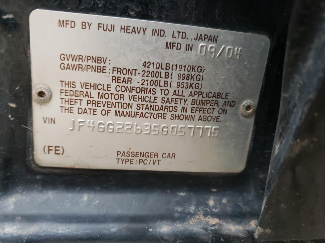 Photo 10 from auction – 2005 SAAB 9-2 AERO with VIN JF4GG22635G057775