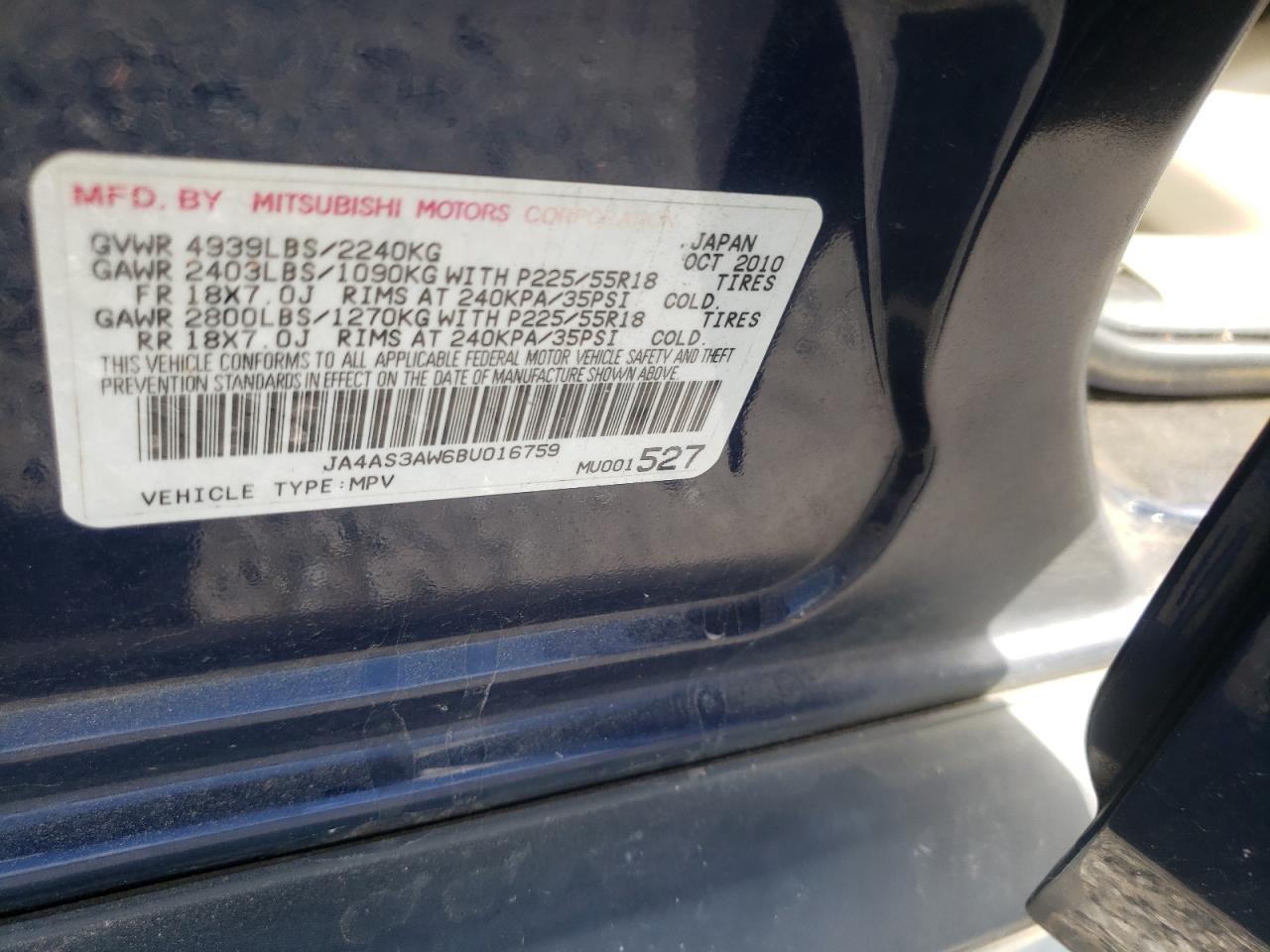 Photo 10 from auction – 2011 MITSUBISHI OUTLANDER with VIN JA4AS3AW6BU016759