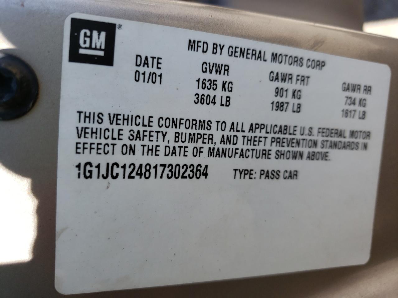 Photo 10 from auction – 2001 CHEVROLET CAVALIER with VIN 1G1JC124817302364