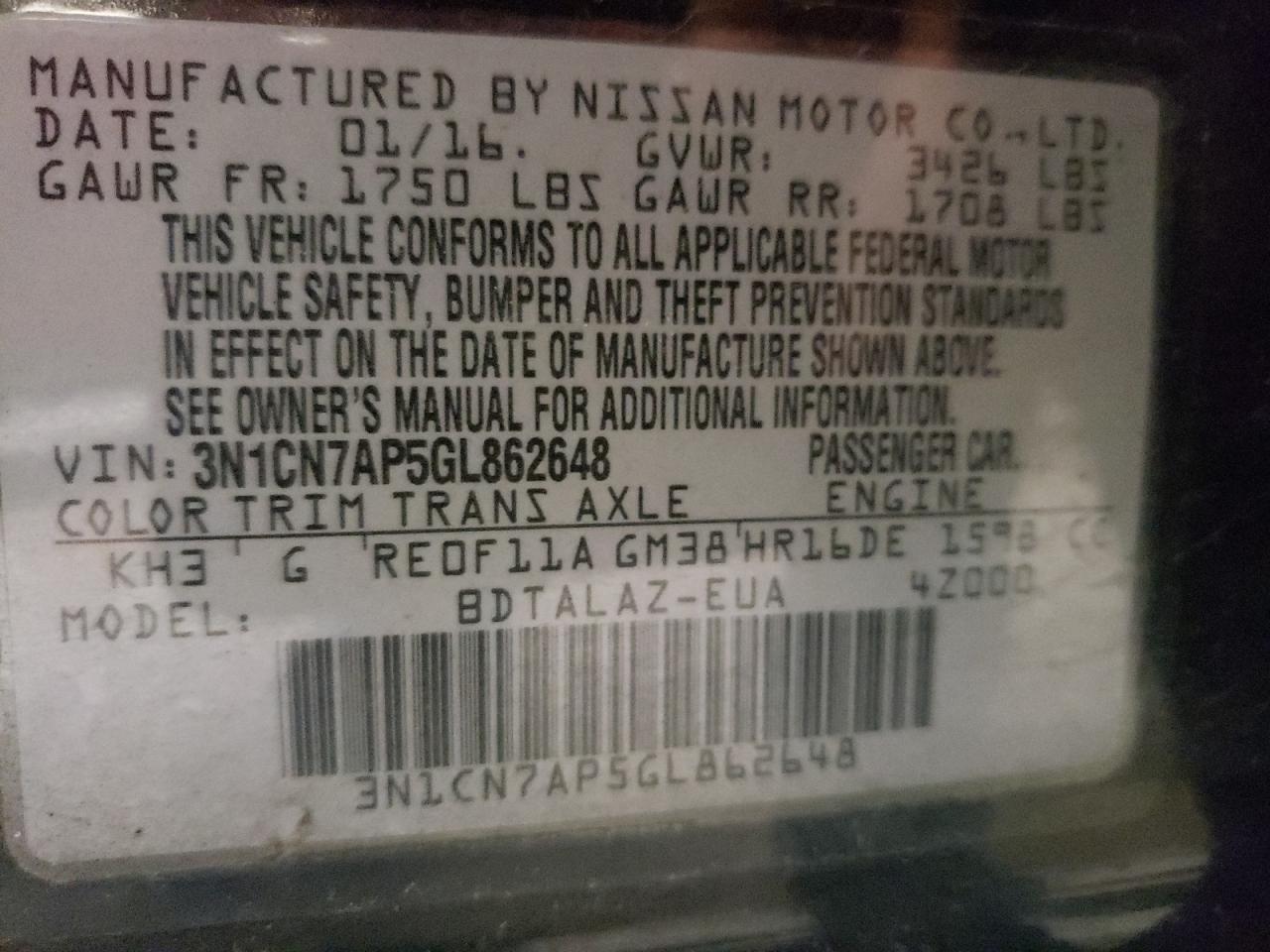 Photo 10 from auction – 2016 NISSAN VERSA S with VIN 3N1CN7AP5GL862648