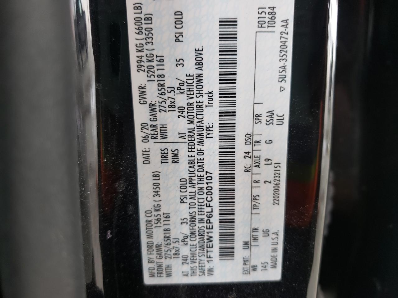 Photo 10 from auction – 2020 FORD F150 SUPER with VIN 1FTEW1EP6LFC00107