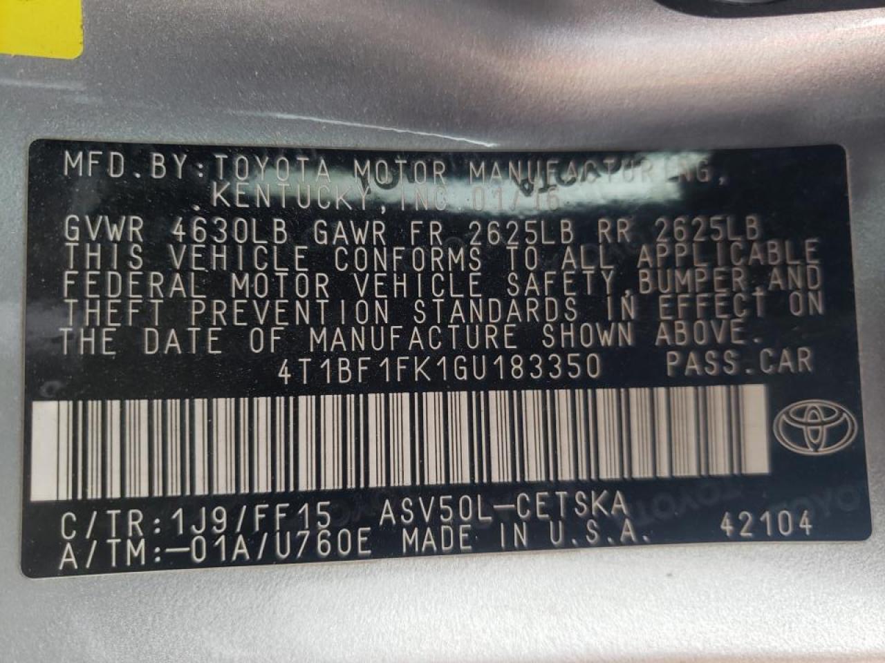 Photo 10 from auction – 2016 TOYOTA CAMRY LE with VIN 4T1BF1FK1GU183350