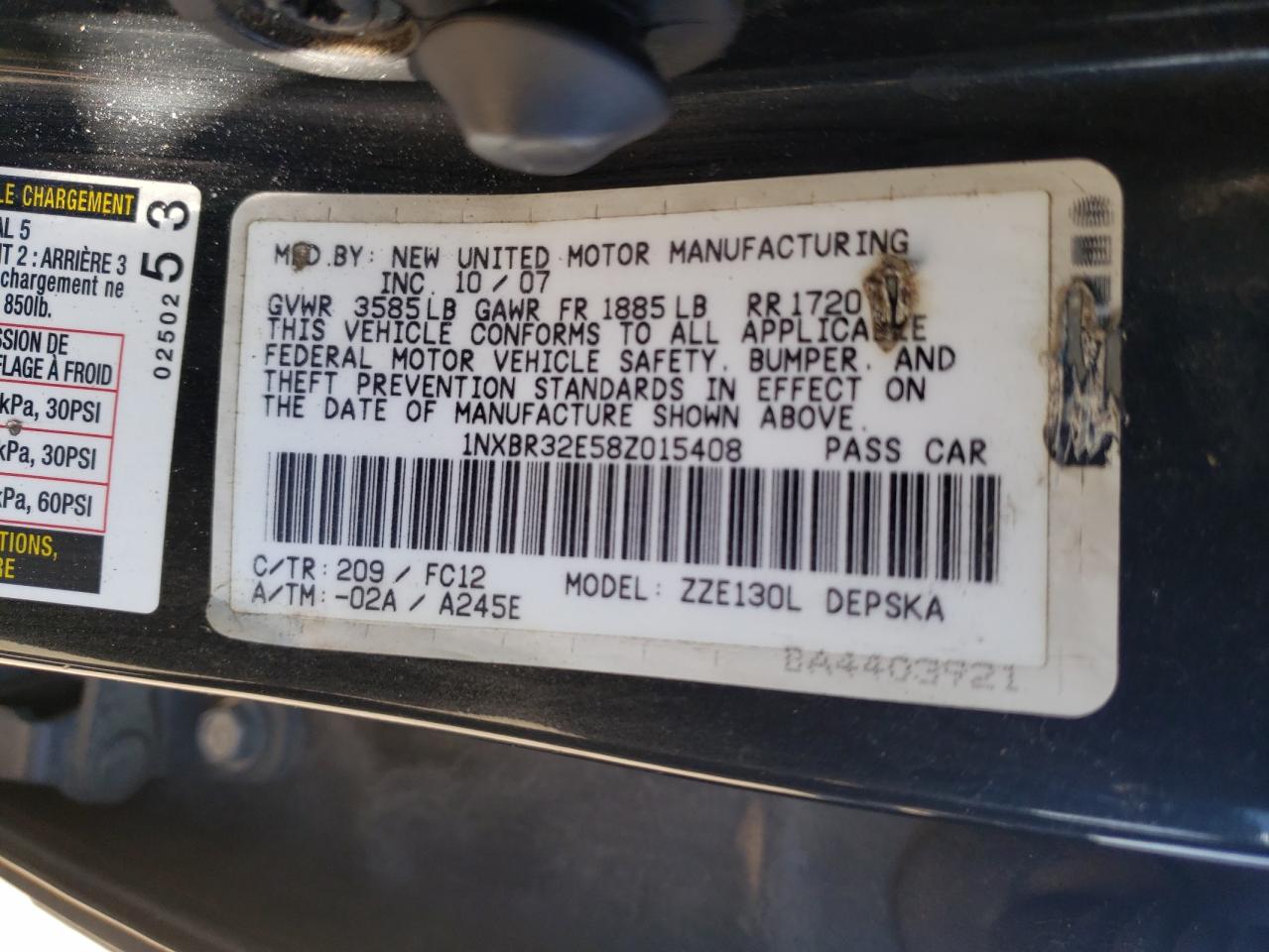 Photo 10 from auction – 2008 TOYOTA COROLLA CE with VIN 1NXBR32E58Z015408