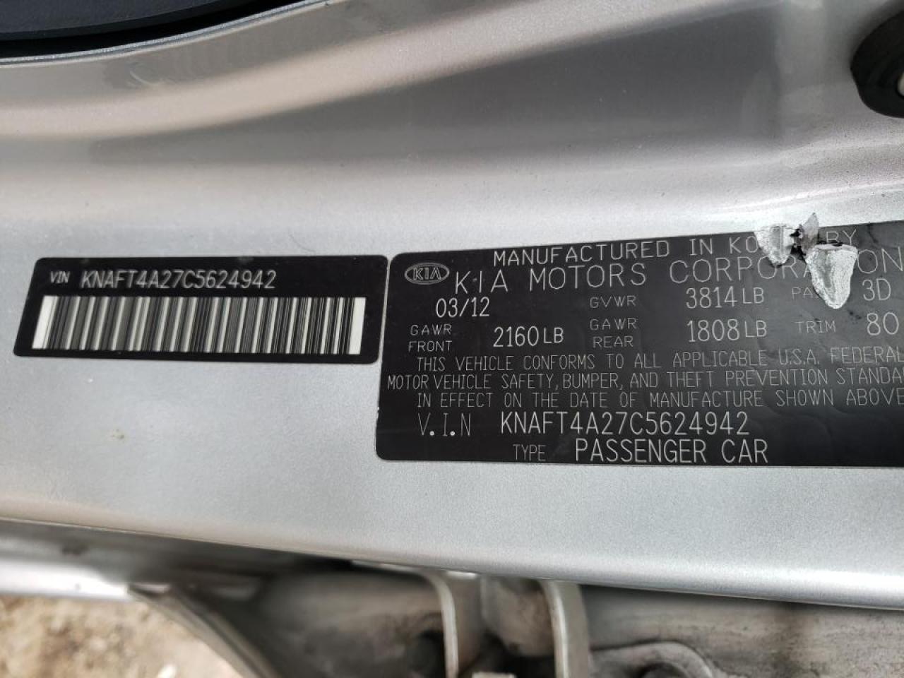 Photo 10 from auction – 2012 KIA FORTE LX with VIN KNAFT4A27C5624942