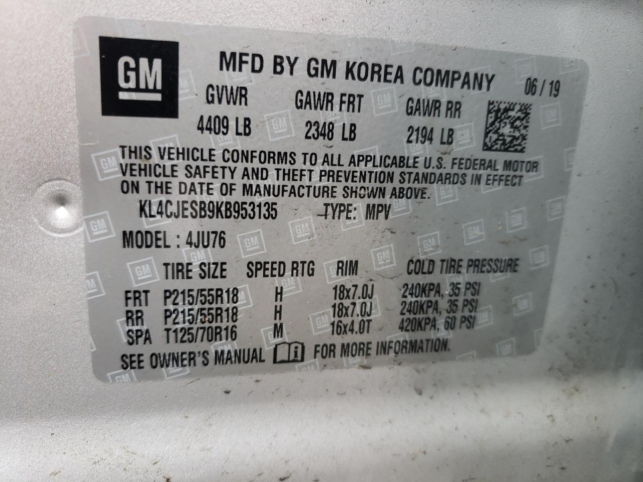 Photo 10 from auction – 2019 BUICK ENCORE PRE with VIN KL4CJESB9KB953135