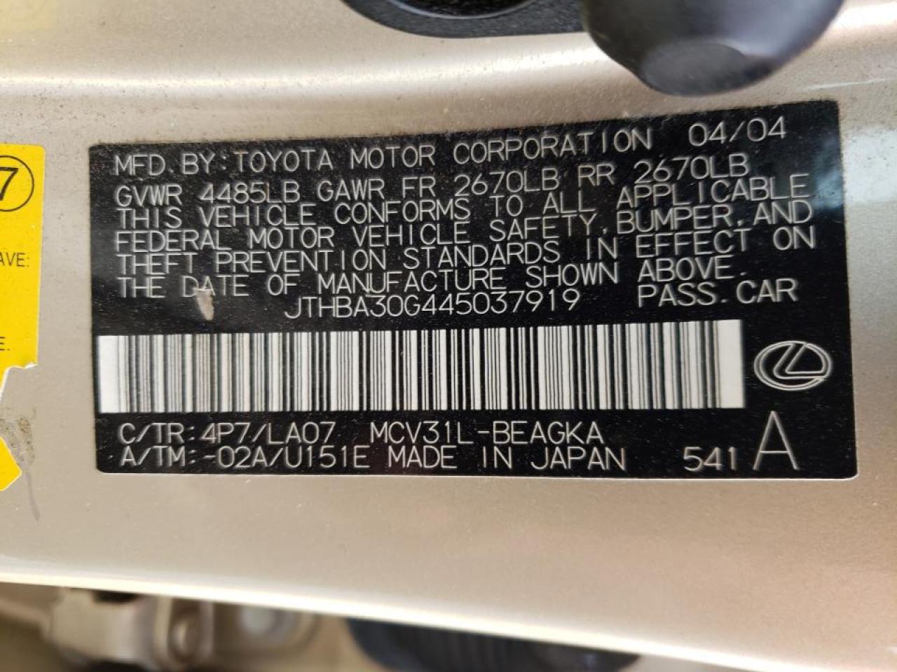 Photo 10 from auction – 2004 LEXUS ES 330 with VIN JTHBA30G445037919