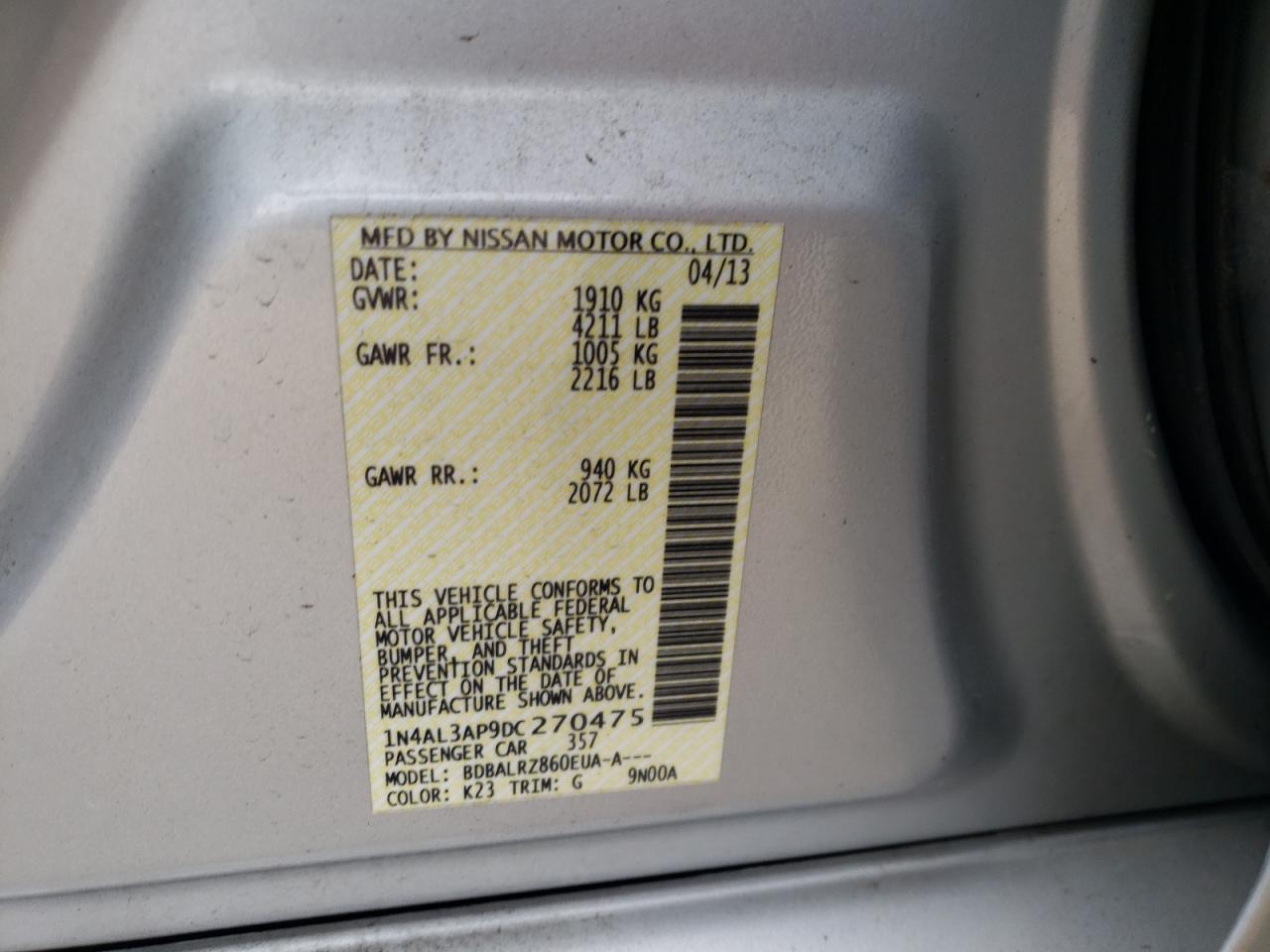 Photo 10 from auction – 2013 NISSAN ALTIMA 2.5 with VIN 1N4AL3AP9DC270475