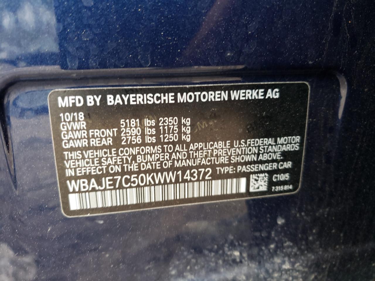 Photo 10 from auction – 2019 BMW 540 XI with VIN WBAJE7C50KWW14372