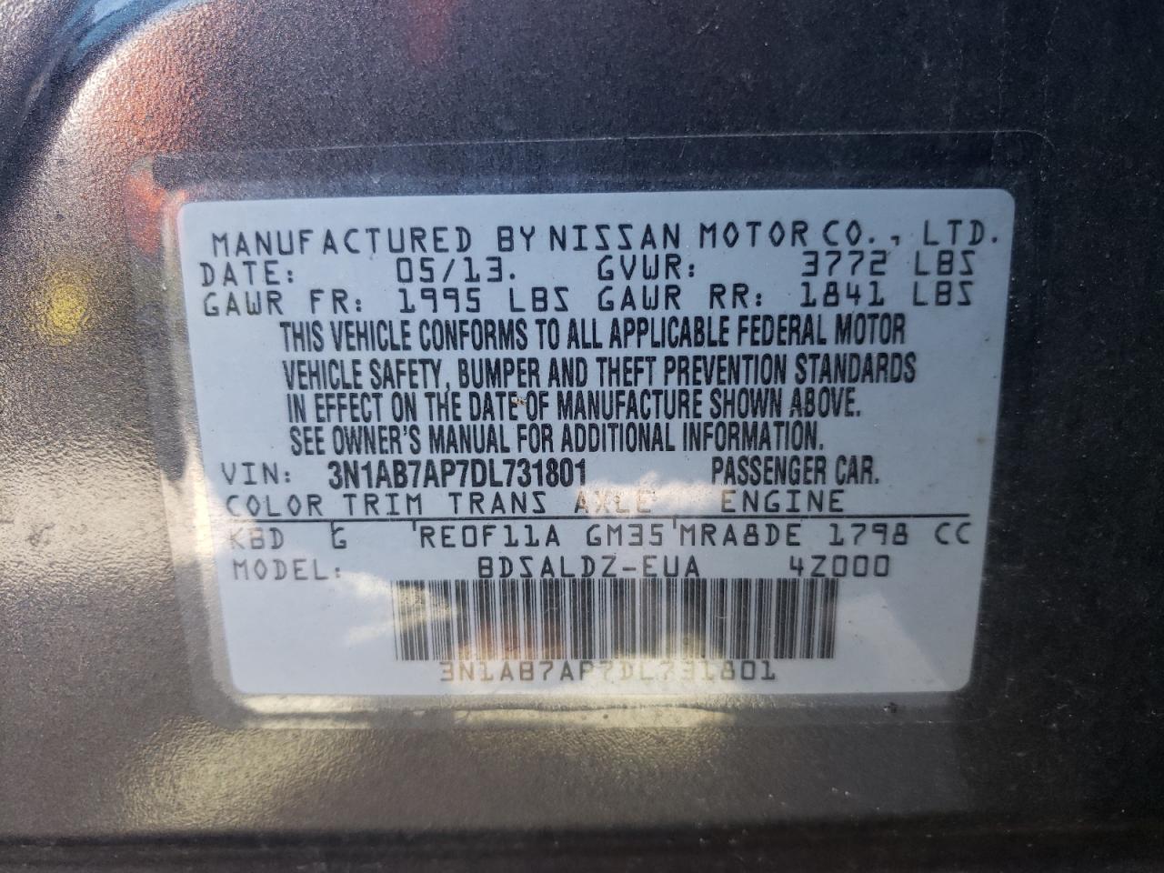 Photo 10 from auction – 2013 NISSAN SENTRA S with VIN 3N1AB7AP7DL731801