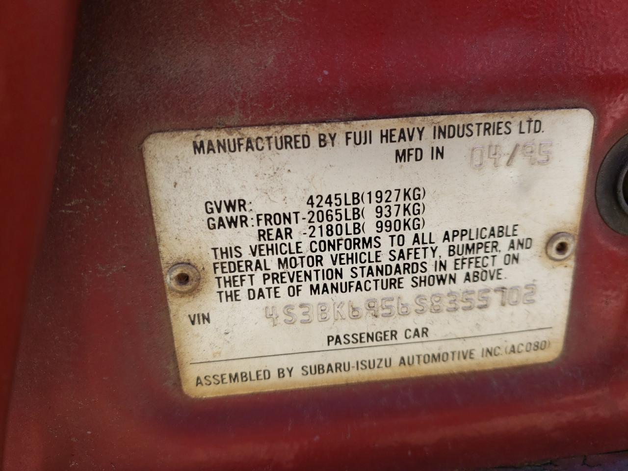 Photo 10 from auction – 1995 SUBARU LEGACY POS with VIN 4S3BK6956S8355702