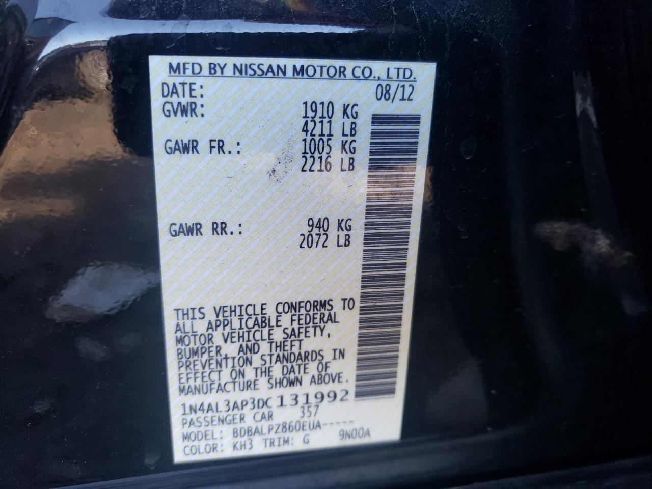Photo 10 from auction – 2013 NISSAN ALTIMA 2.5 with VIN 1N4AL3AP3DC131992