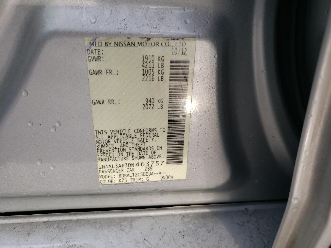 Photo 10 from auction – 2013 NISSAN ALTIMA 2.5 with VIN 1N4AL3AP3DN463757