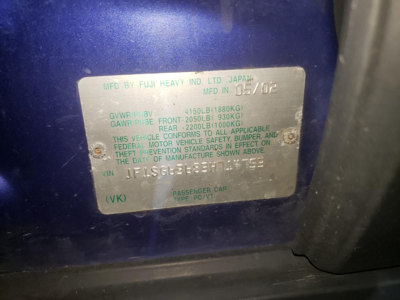 Photo 10 from auction – 2003 SUBARU FORESTER 2 with VIN JF1SG63683H714753