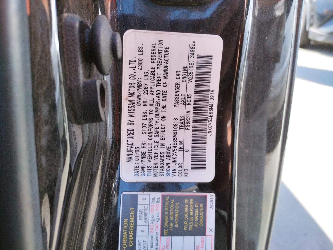 Photo 10 from auction – 2005 INFINITI G35 with VIN JNKCV54E65M410916