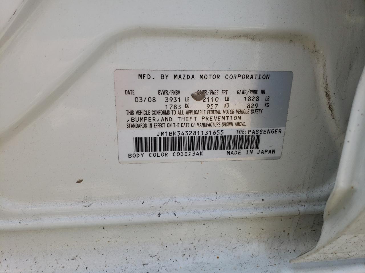 Photo 10 from auction – 2008 MAZDA 3 with VIN JM1BK343281131655