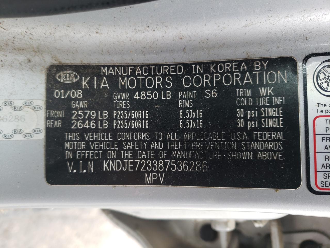Photo 10 from auction – 2008 KIA SPORTAGE E with VIN KNDJE723387536286