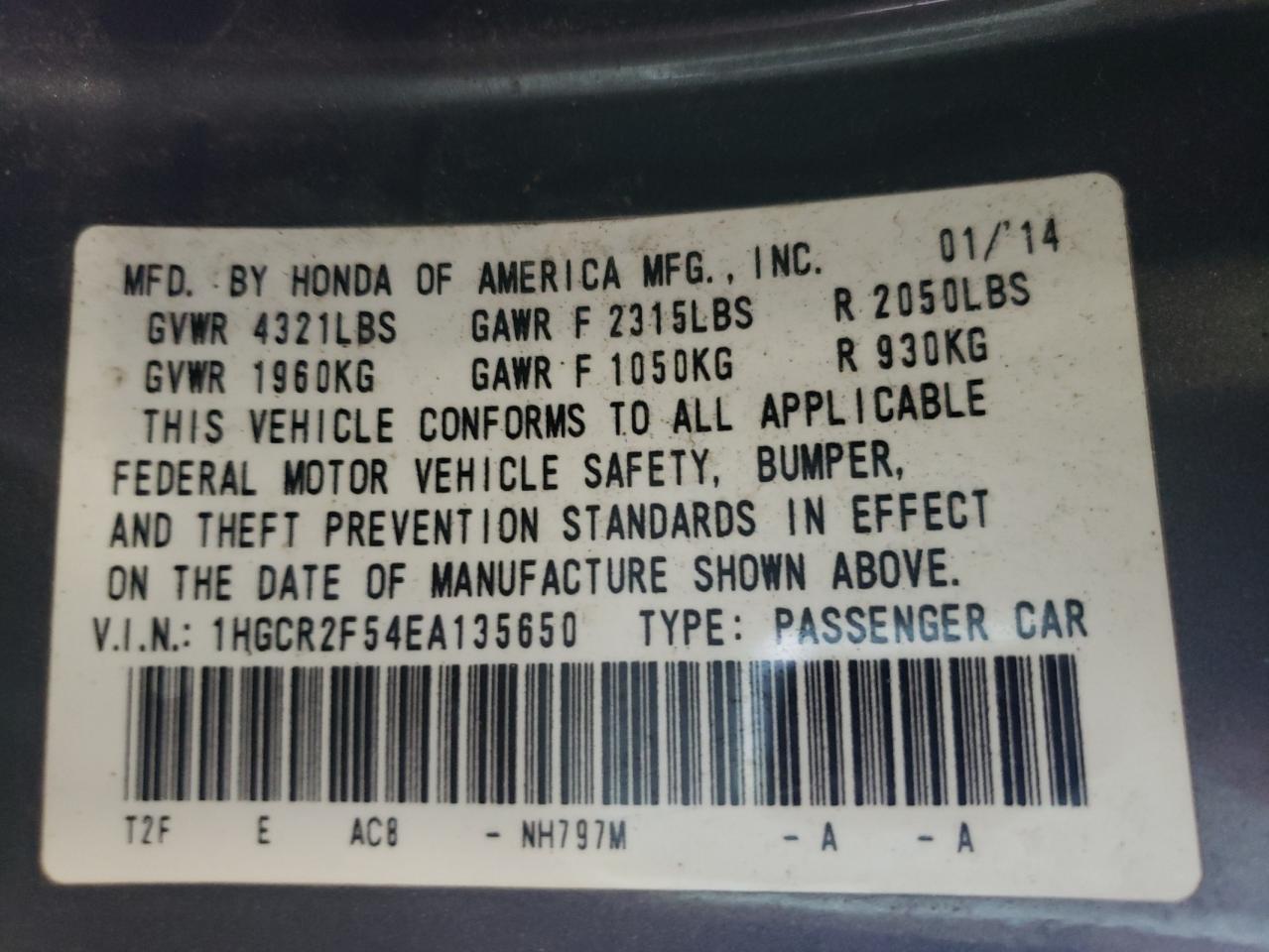 Photo 10 from auction – 2014 HONDA ACCORD SPO with VIN 1HGCR2F54EA135650