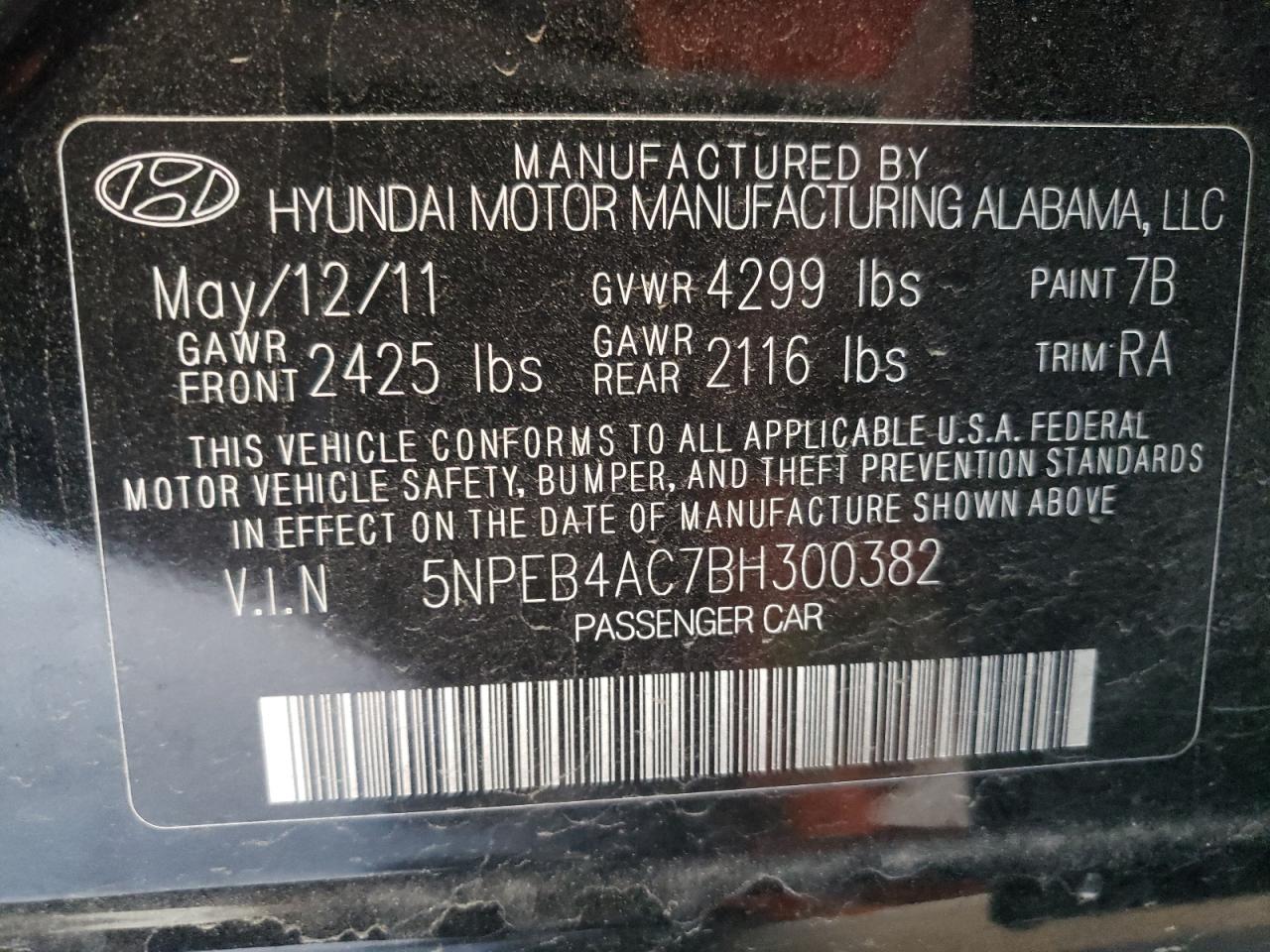 Photo 10 from auction – 2011 HYUNDAI SONATA GLS with VIN 5NPEB4AC7BH300382