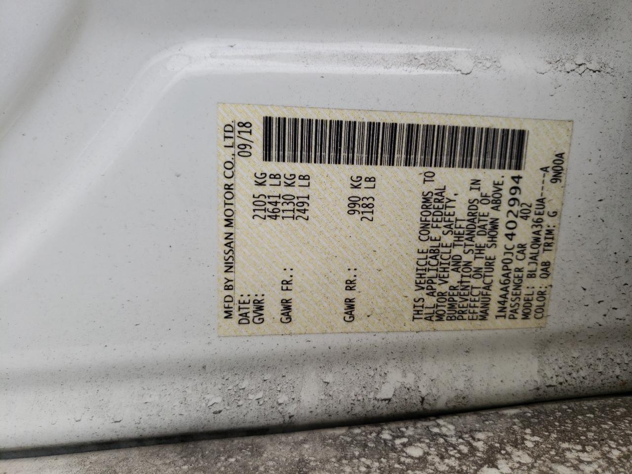 Photo 10 from auction – 2018 NISSAN MAXIMA 3.5 with VIN 1N4AA6AP0JC402994