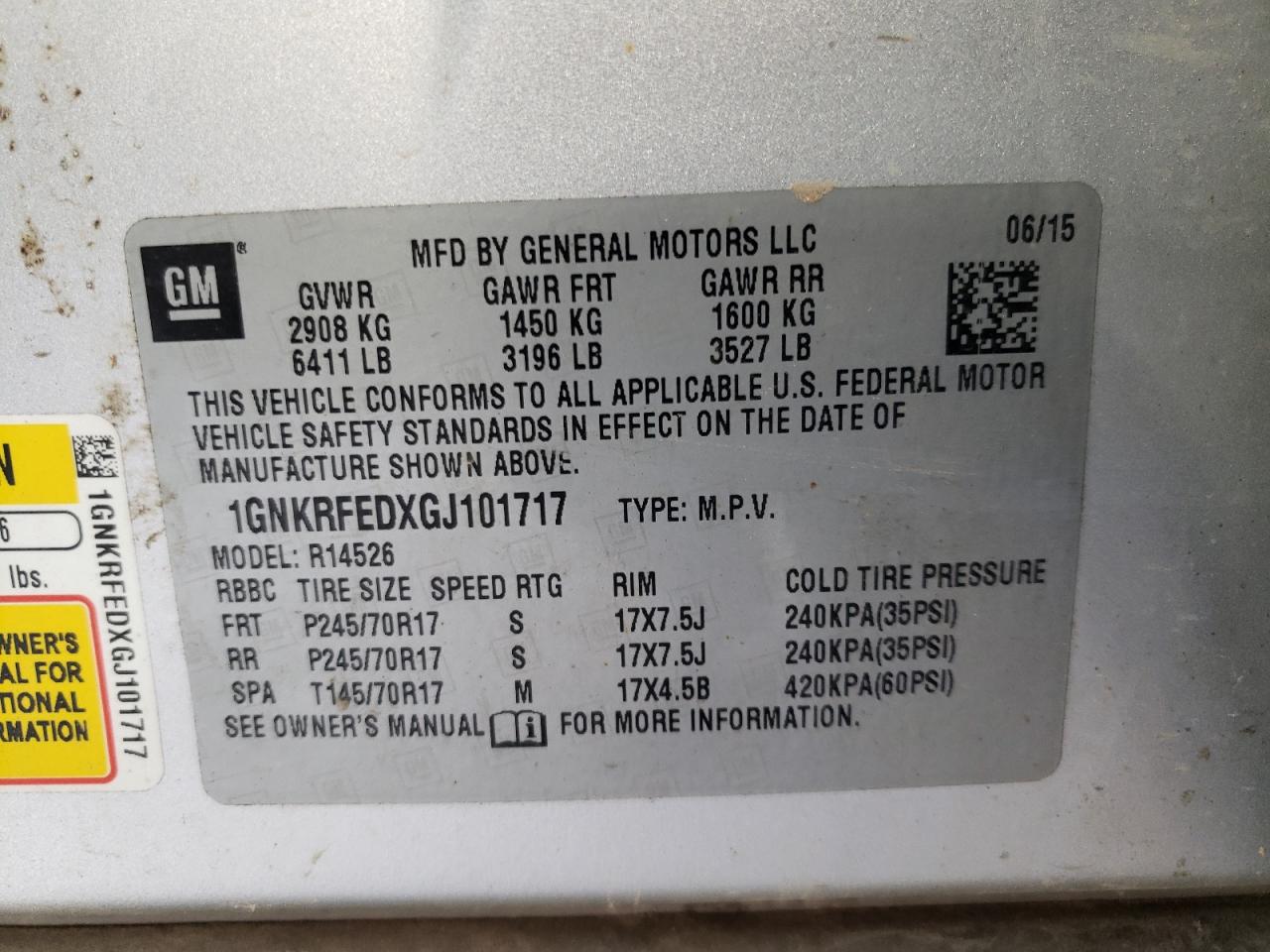Photo 10 from auction – 2016 CHEVROLET TRAVERSE L with VIN 1GNKRFEDXGJ101717