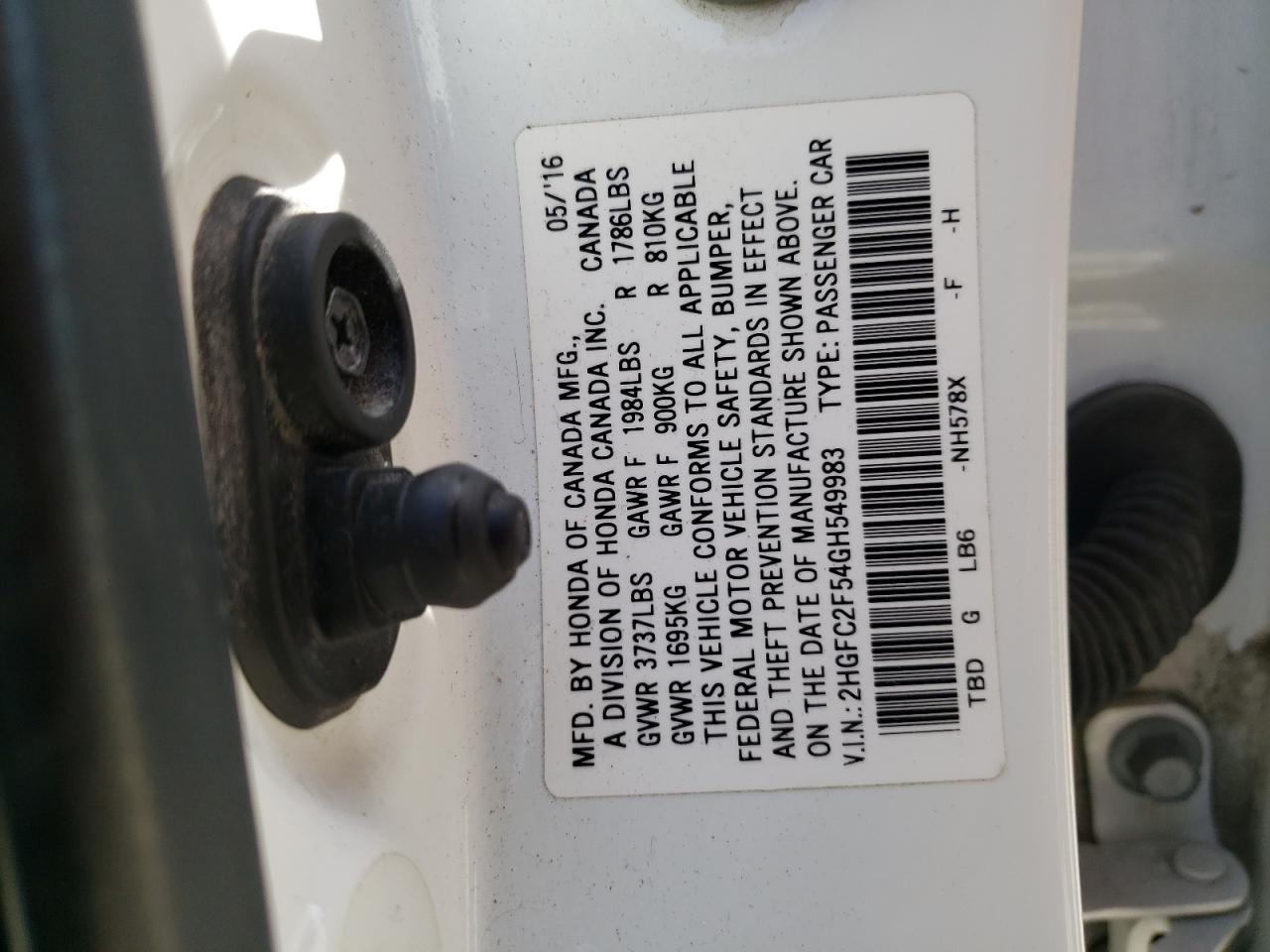 Photo 10 from auction – 2016 HONDA CIVIC LX with VIN 2HGFC2F54GH549983