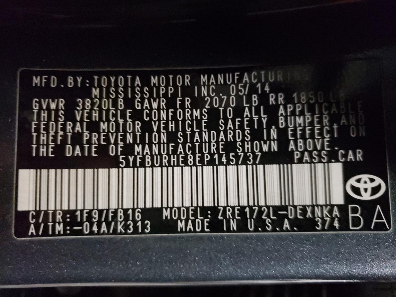 Photo 10 from auction – 2014 TOYOTA COROLLA L with VIN 5YFBURHE8EP145737