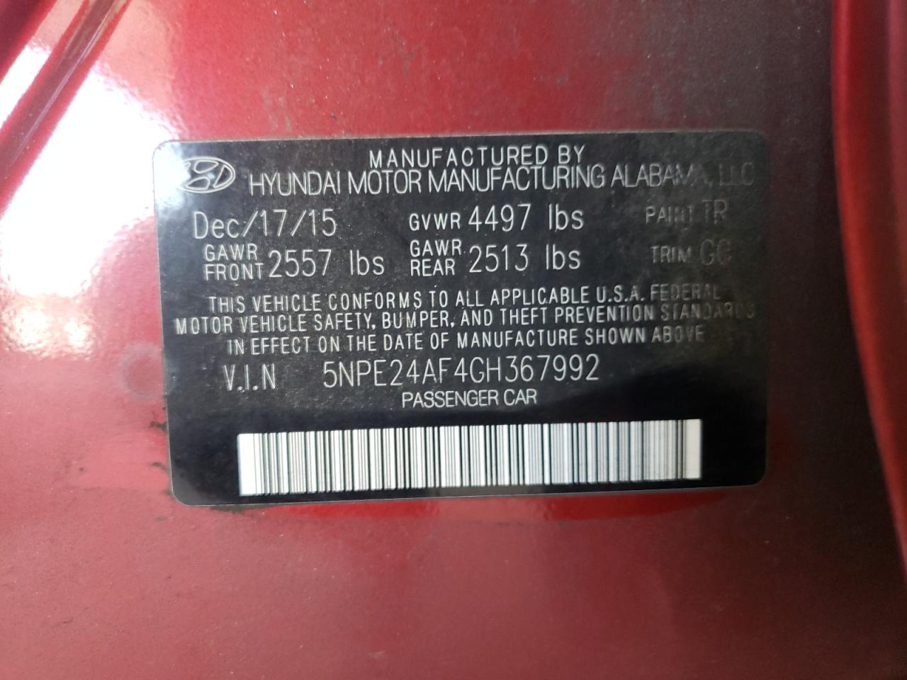 Photo 10 from auction – 2016 HYUNDAI SONATA SE with VIN 5NPE24AF4GH367992