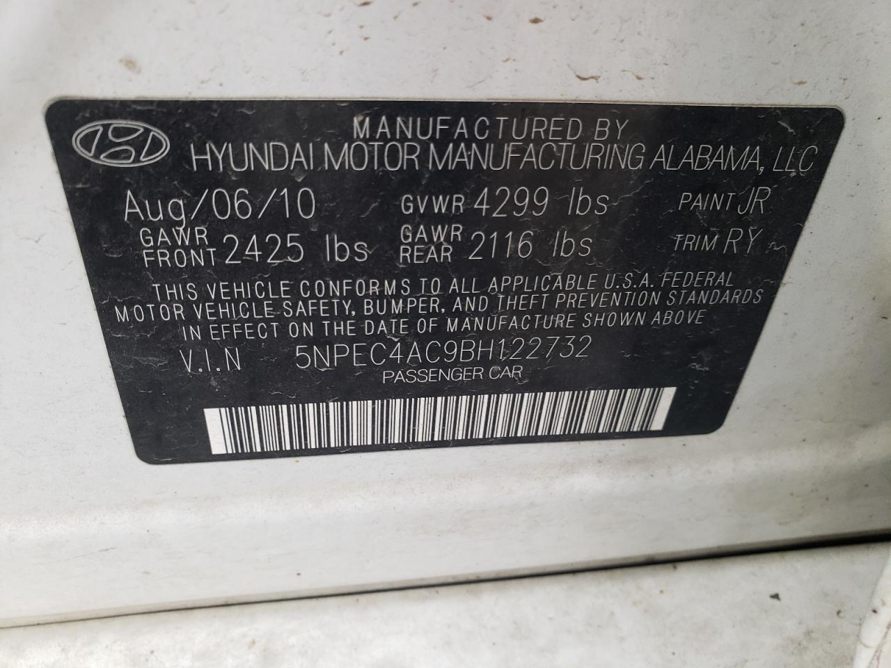 Photo 10 from auction – 2011 HYUNDAI SONATA SE with VIN 5NPEC4AC9BH122732