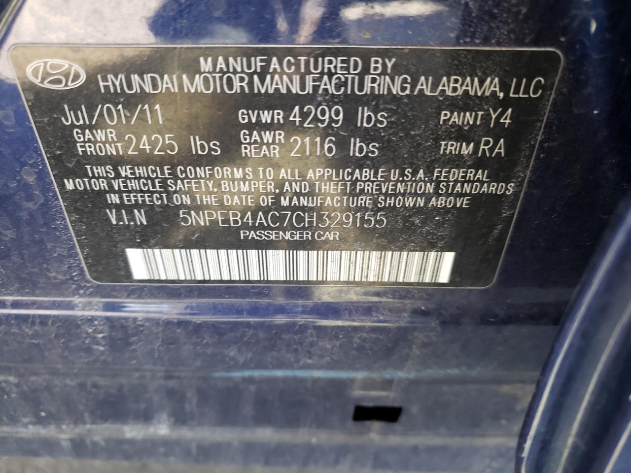 Photo 10 from auction – 2012 HYUNDAI SONATA GLS with VIN 5NPEB4AC7CH329155
