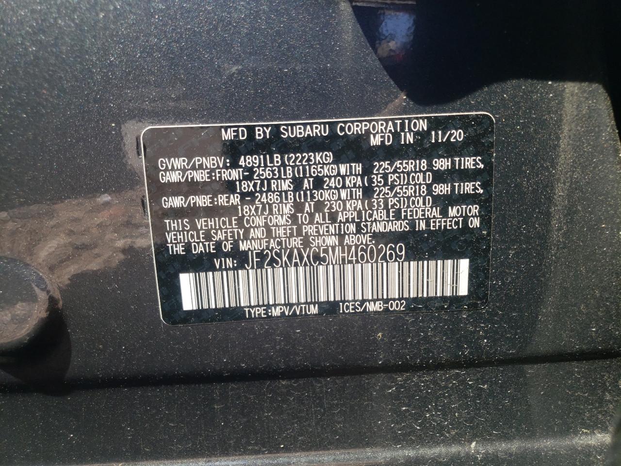Photo 10 from auction – 2021 SUBARU FORESTER T with VIN JF2SKAXC5MH460269
