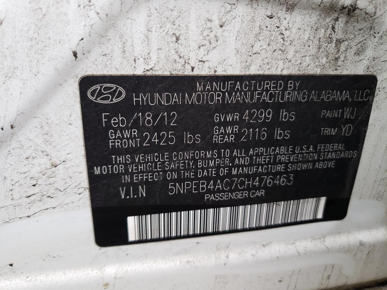 Photo 10 from auction – 2012 HYUNDAI SONATA GLS with VIN 5NPEB4AC7CH476463