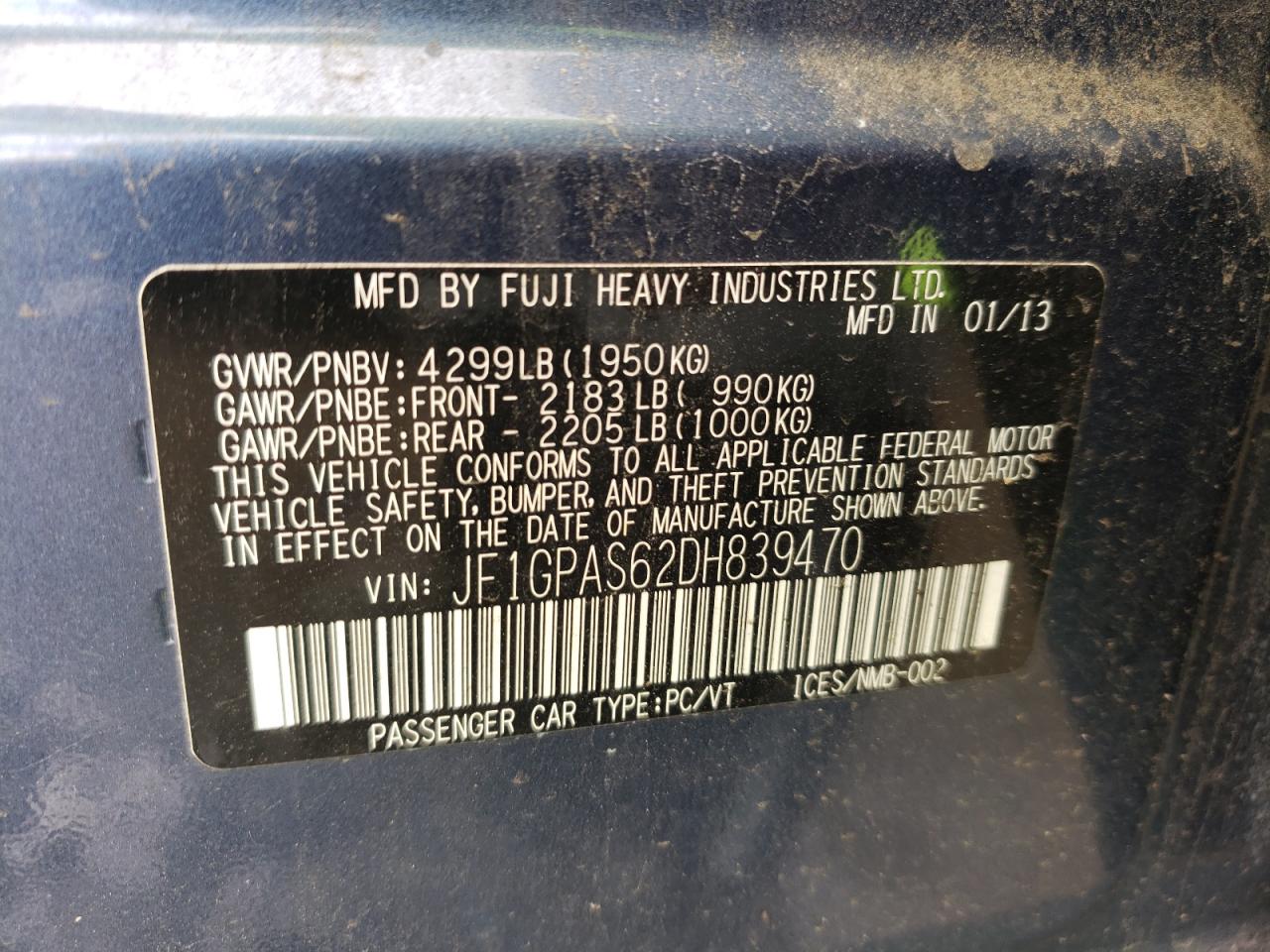 Photo 10 from auction – 2013 SUBARU IMPREZA SP with VIN JF1GPAS62DH839470