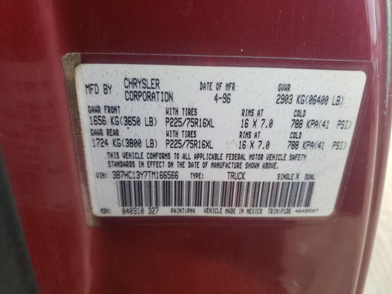 Photo 10 from auction – 1996 DODGE RAM 1500 with VIN 3B7HC13Y7TM166566