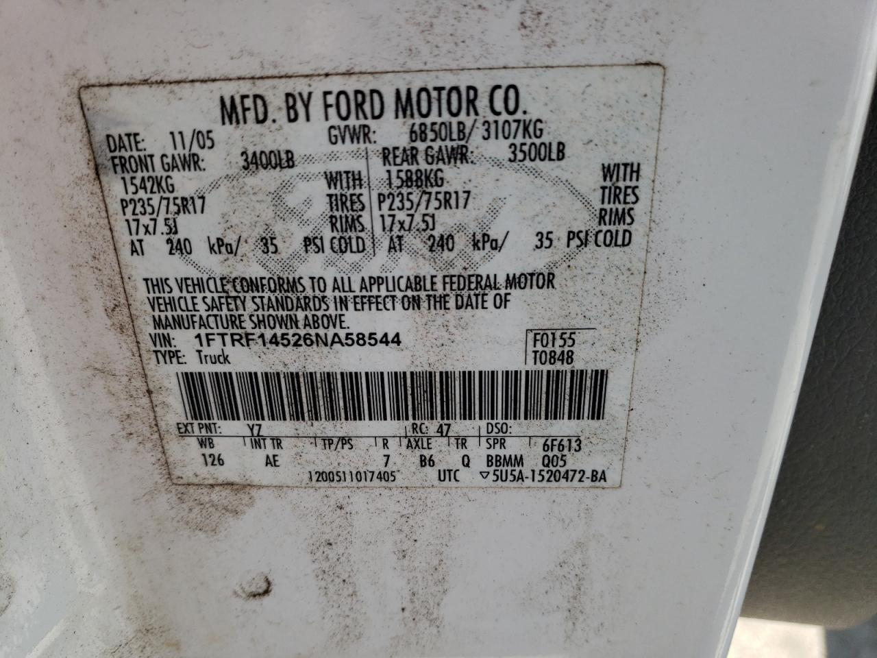 Photo 11 from auction – 2006 FORD F150 with VIN 1FTRF14526NA58544